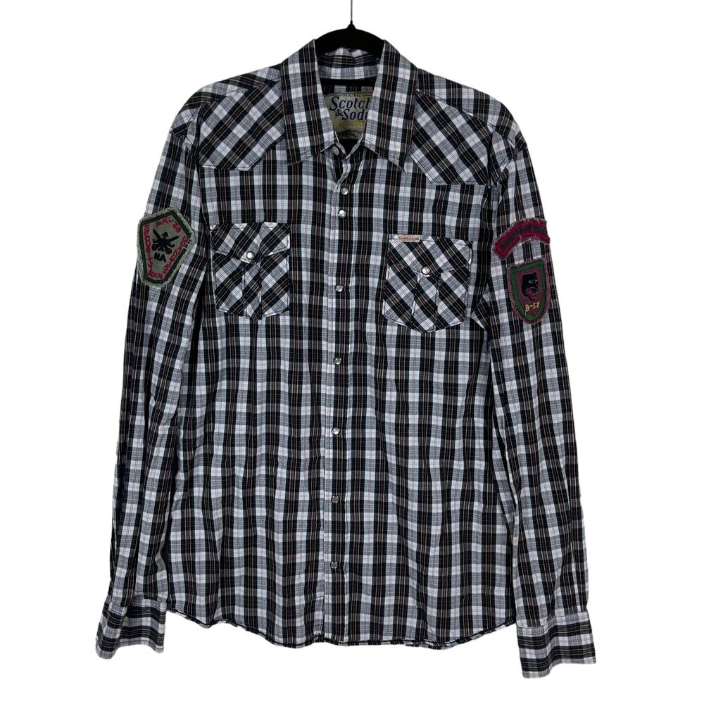 Scotch & Soda Western Pearl Snap Shirt Men's XL Plaid Long Sleeve Cotton Patches